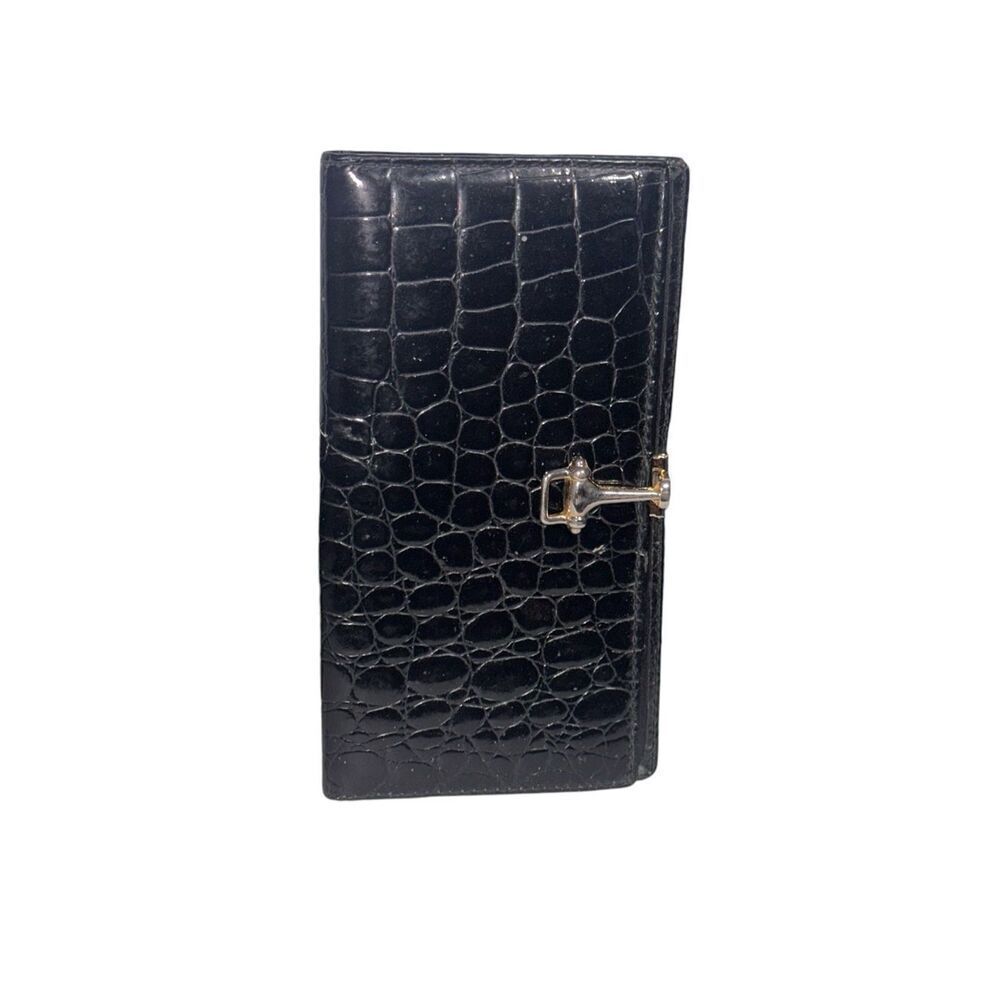 Beautiful Budd Leather Croco Bidente Checkbook Cover with Clip, black Spanish Cr